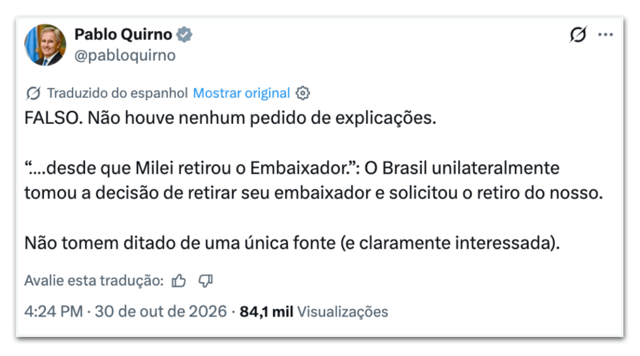 Chanceler argentino nega que Brasil pediu explicações sobre Flávio