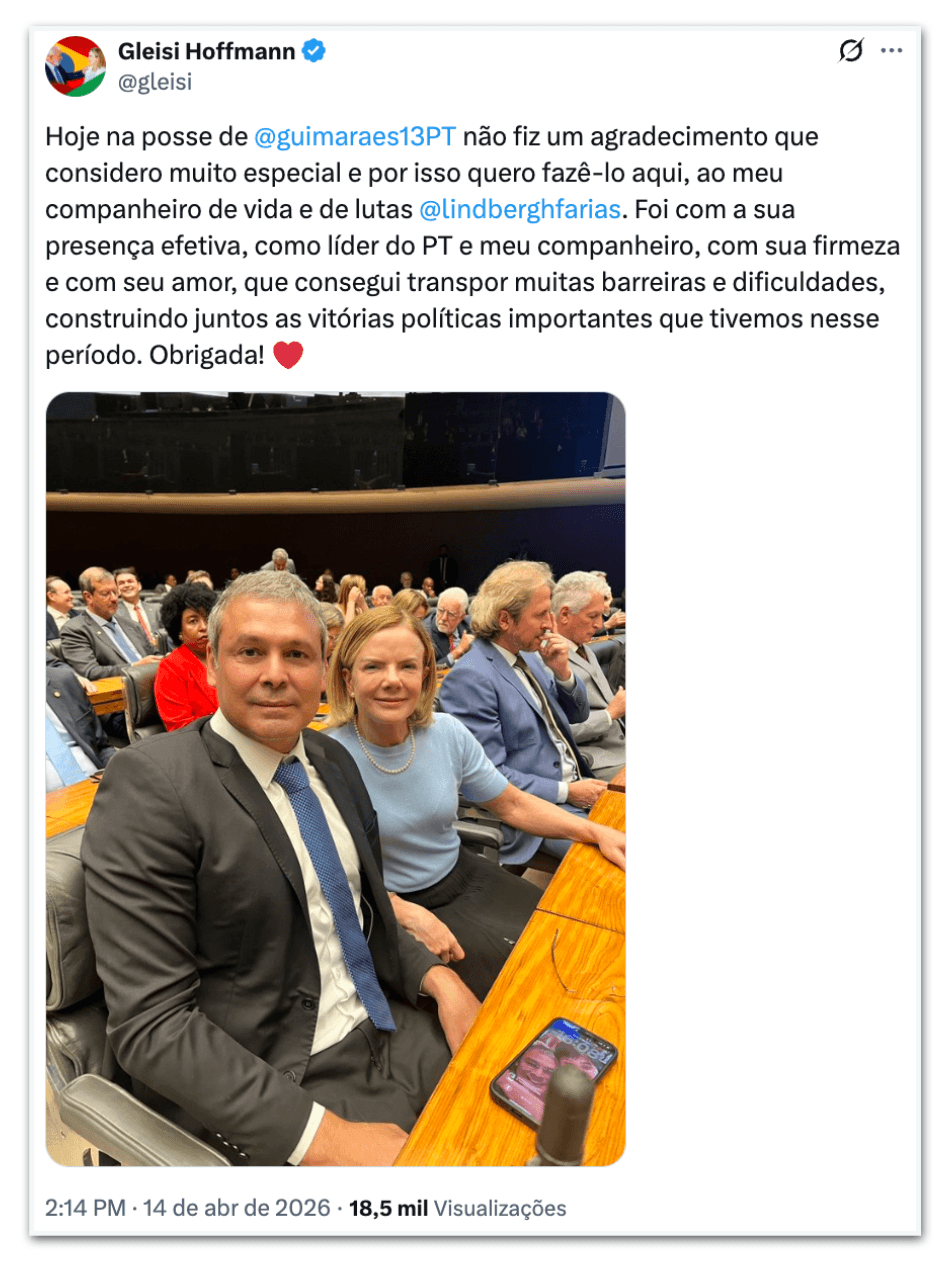 Gleisi agradece Lindbergh depois da posse de José Guimarães