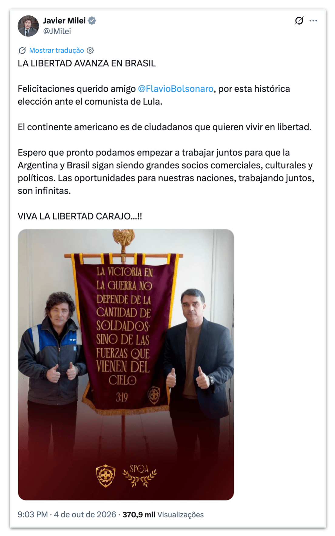 Políticos estrangeiros dão parabéns a Flávio por resultado no 1º turno
