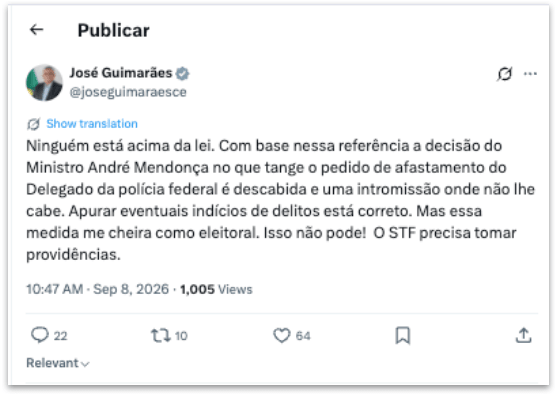 Afastamento do diretor da PF é “intromissão”, diz José Guimarães