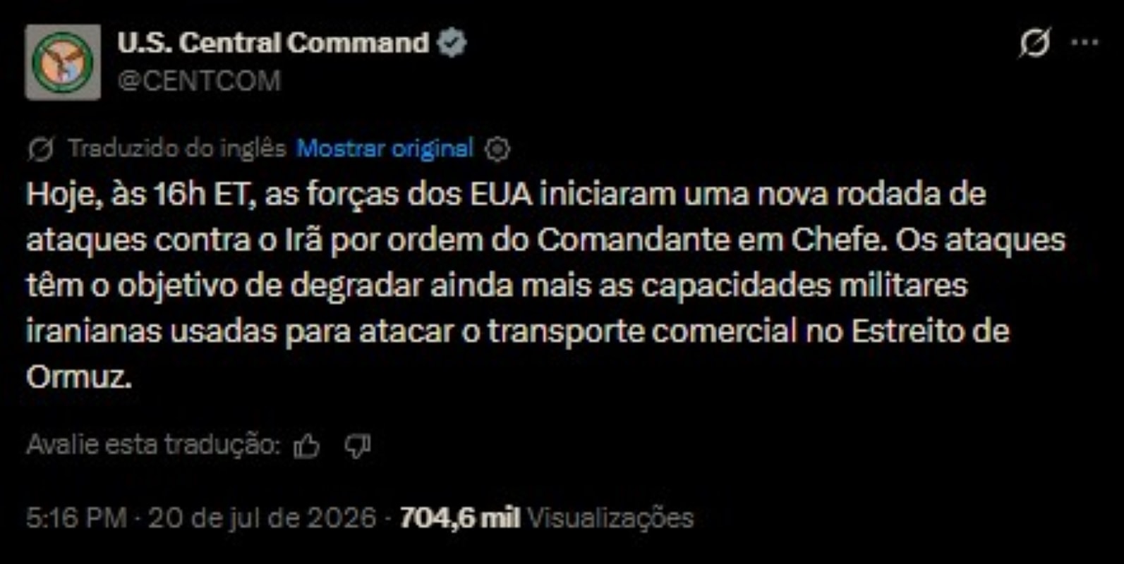 EUA anuncia nova rodada de ataques contra o Irã