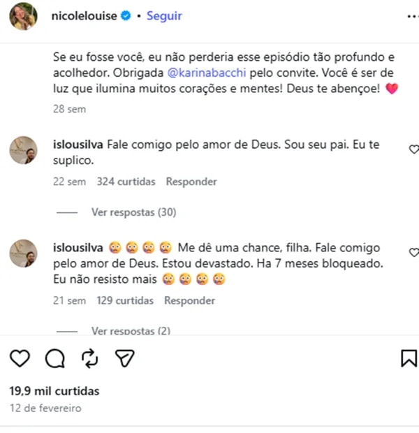 Pai revela como está relação com Nicole Louise e pede respeito à filha