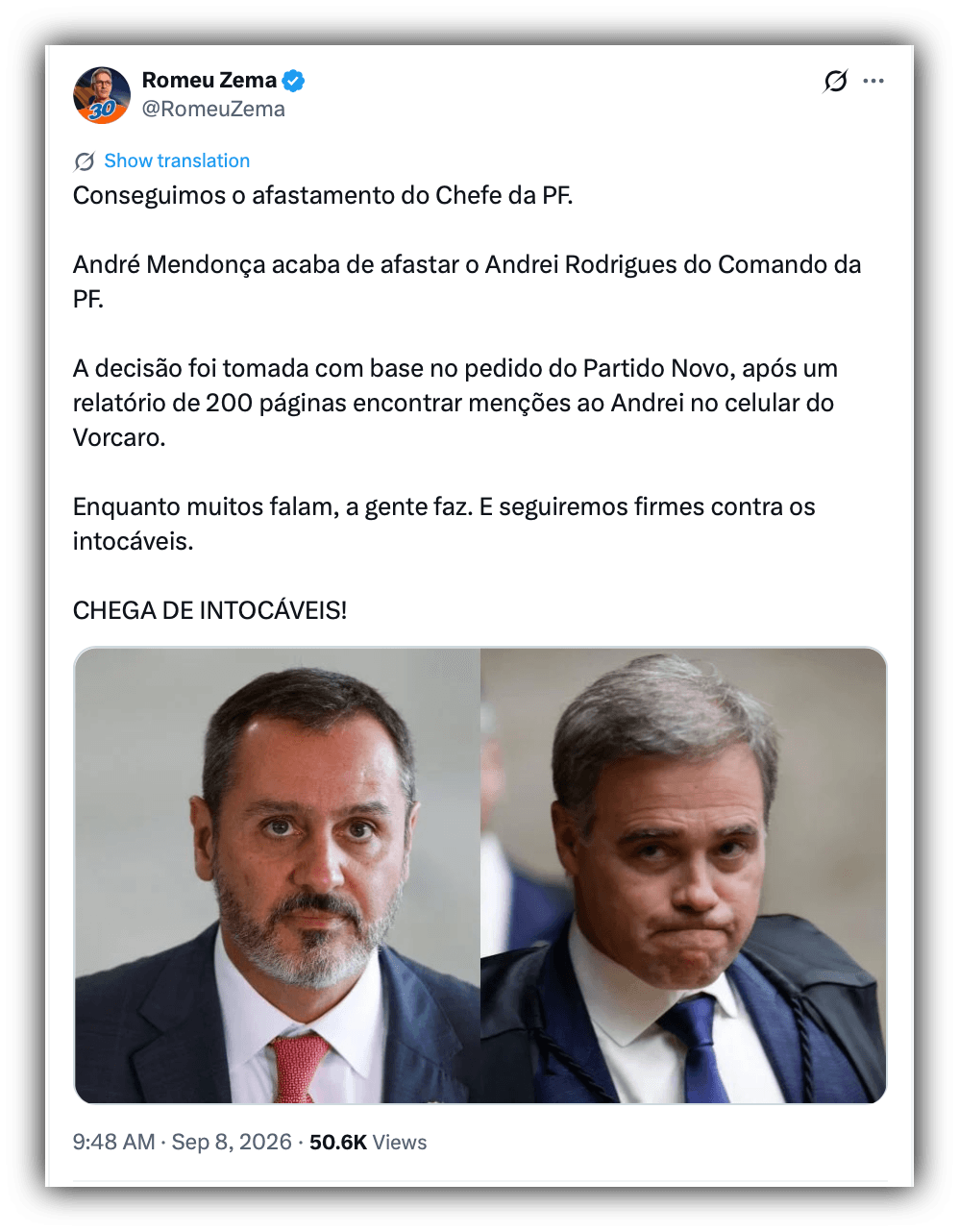 Pedido do Novo embasou decisão de Mendonça contra Andrei Rodrigues