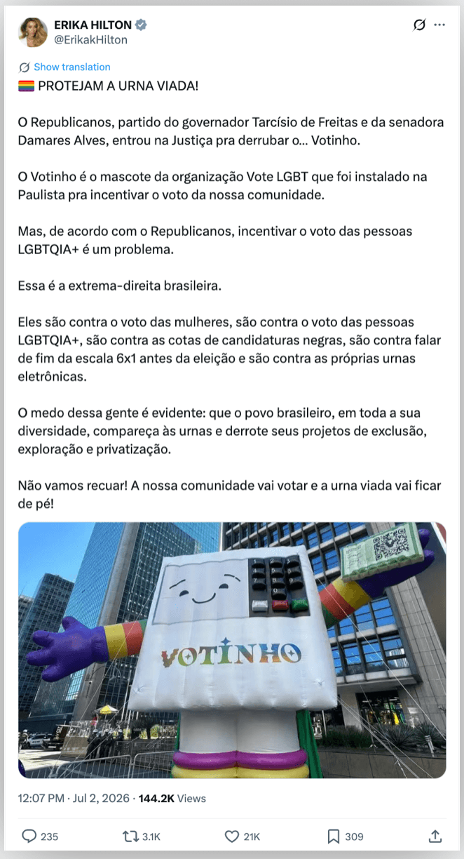 Republicanos aciona TRE-SP contra boneco Votinho na Parada LGBT+