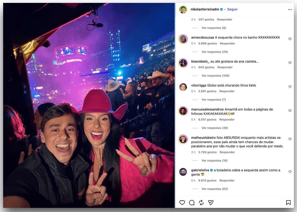 Ana Castela aparece com Nikolas e faz gesto ligado ao PL