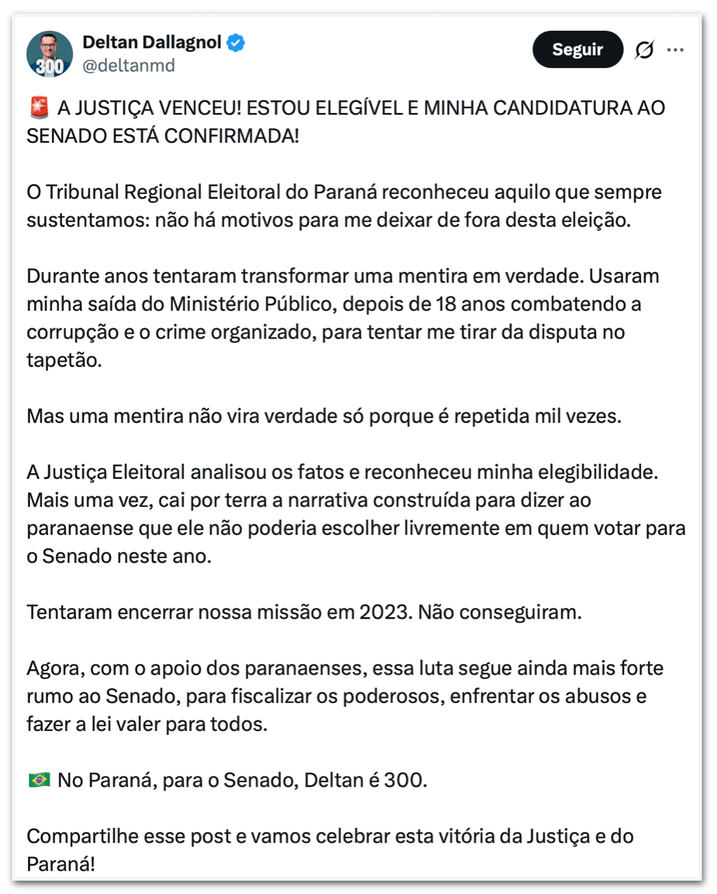 TRE-PR aprova candidatura de Deltan Dallagnol ao Senado