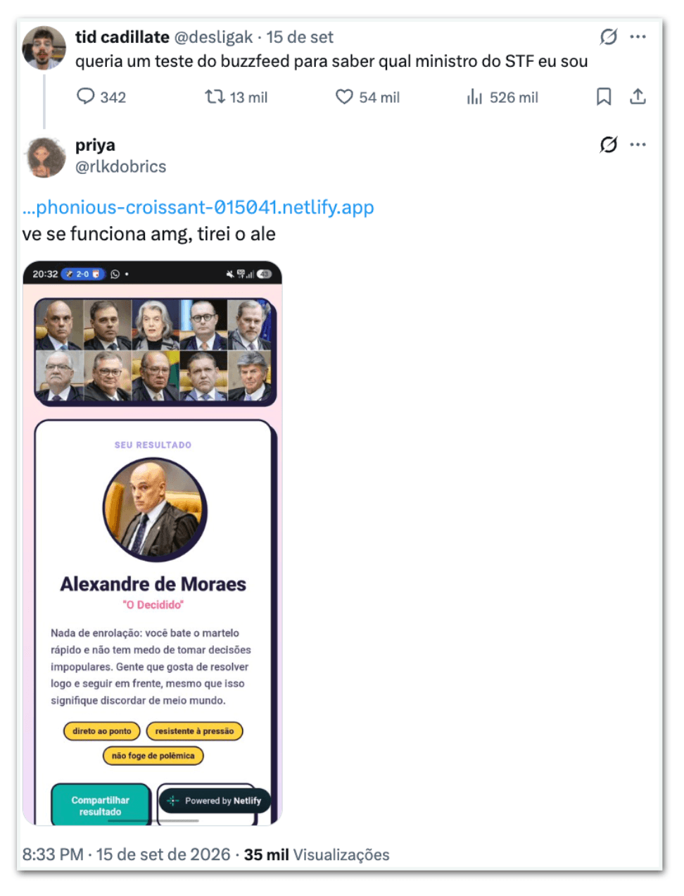 Internautas compartilham quiz “qual ministro do STF você é”