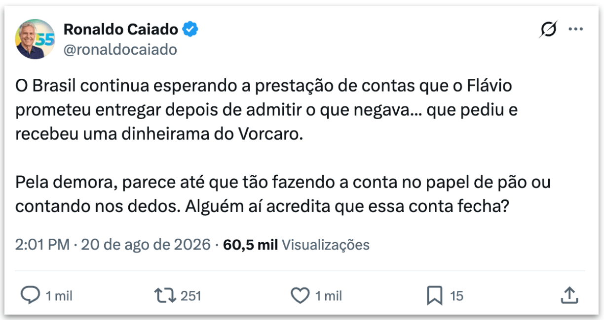 Caiado ironiza Flávio por não divulgar contas de “Dark Horse”