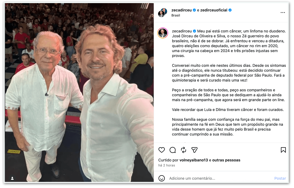 Dirceu manterá pré-candidatura à Câmara mesmo com câncer, diz filho