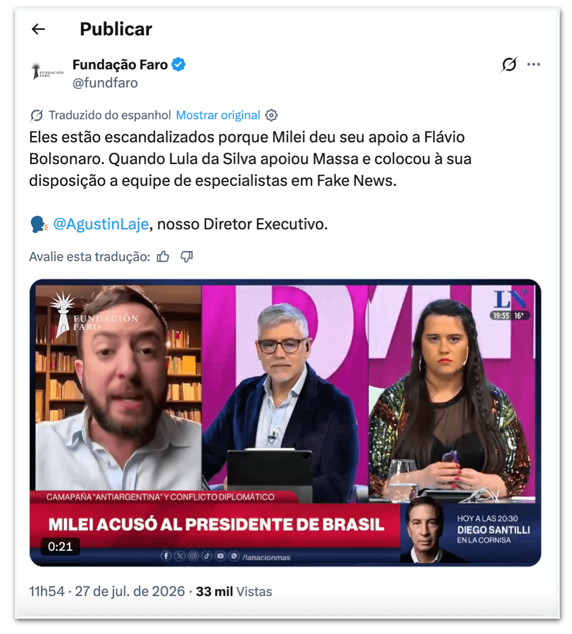 Javier Milei compartilha posts no X criticando Lula