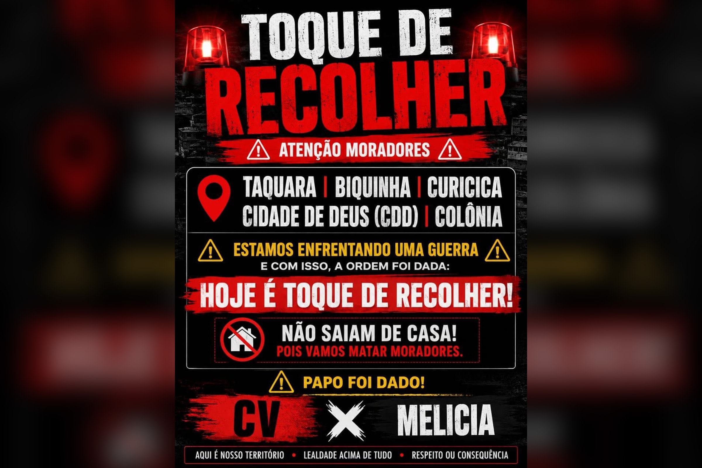CV ameaça matar moradores e impõe toque de recolher no Rio: "Guerra"