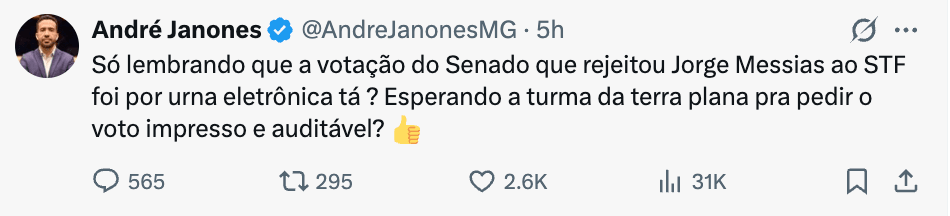 Janones ironiza “voto impresso” após rejeição de Messias no Senado