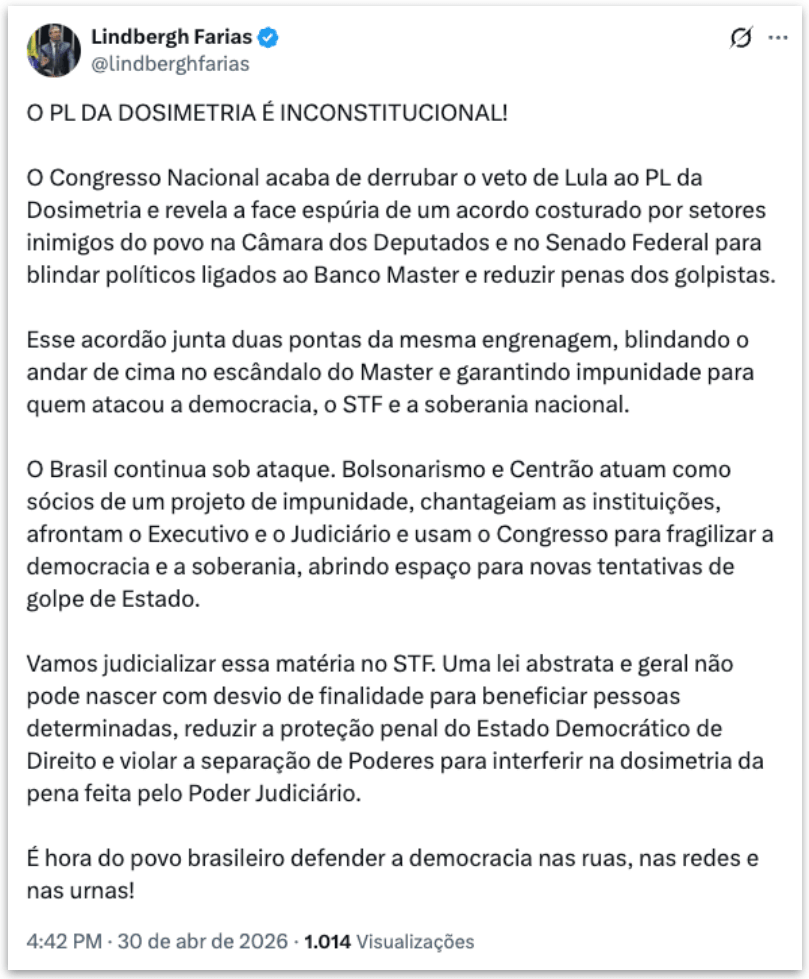 Dosimetria: Lindbergh diz que vai levar derrubada de veto ao STF