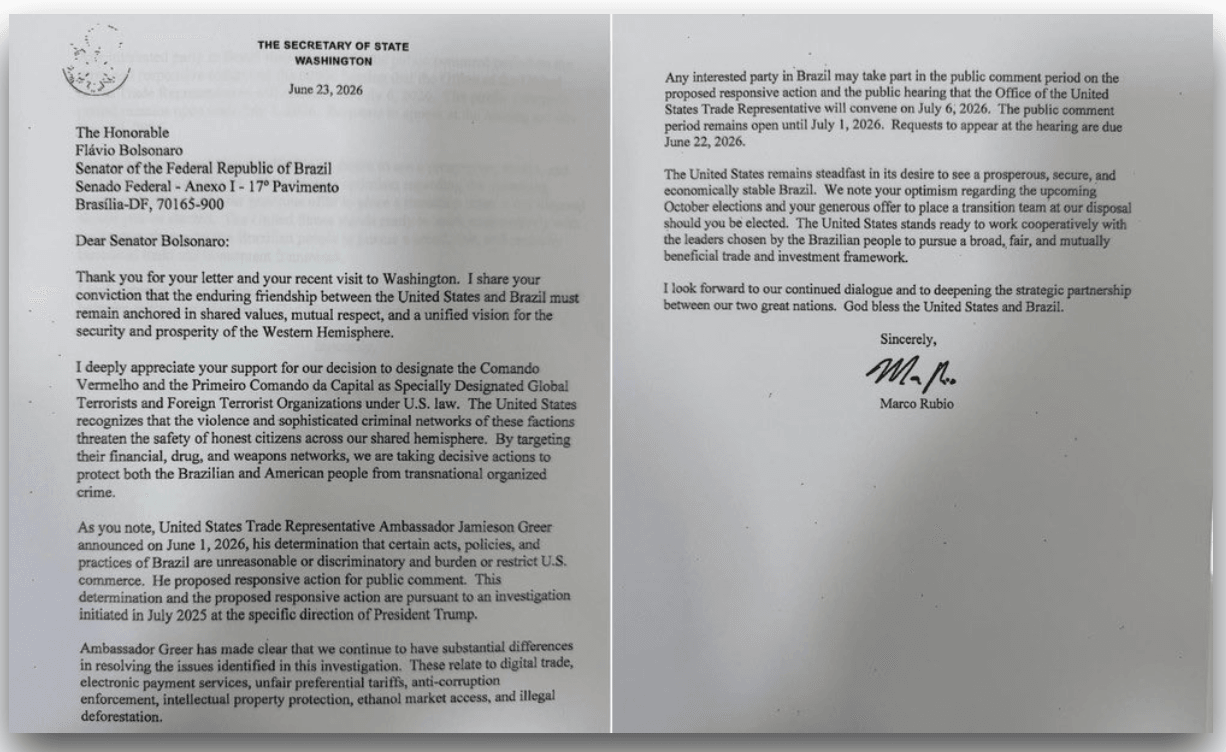 Leia a íntegra da carta de Marco Rubio para Flávio Bolsonaro