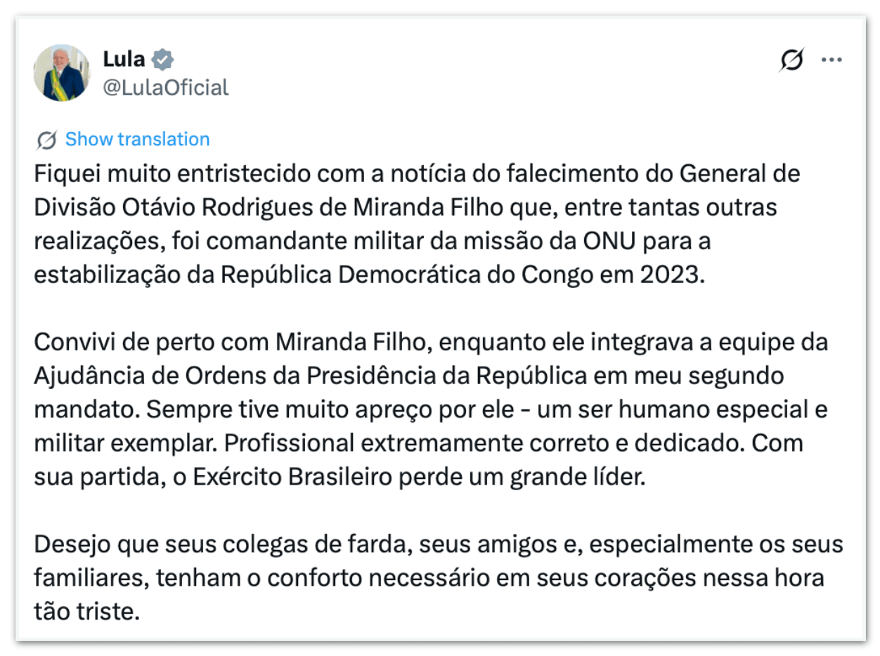 Lula lamenta morte de general Otávio Miranda Filho