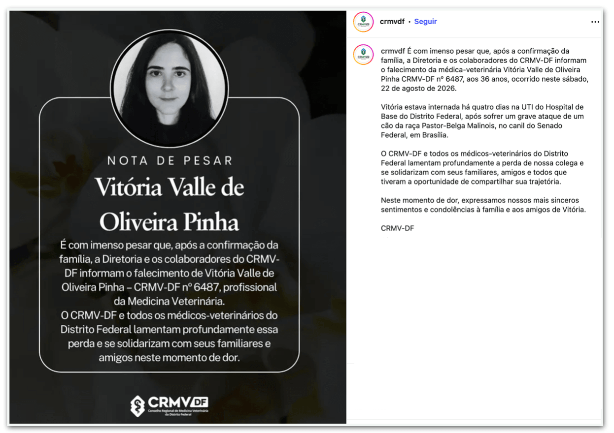 Veterinária atacada por cão do Senado morre aos 36 anos