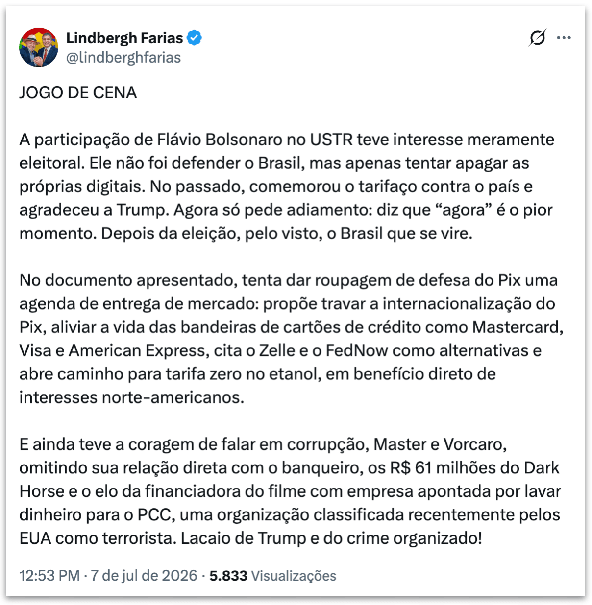 Lindbergh chama Flávio Bolsonaro de “lacaio de Trump”