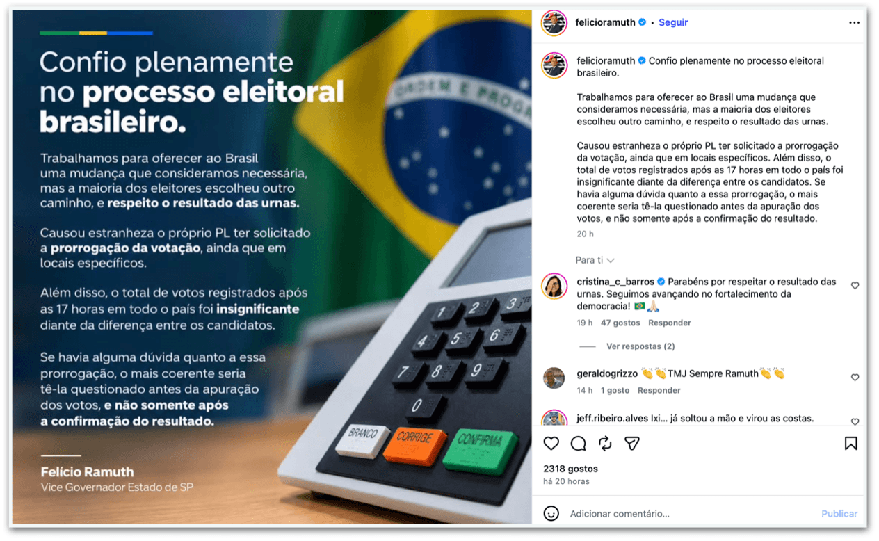 Vice-governador de SP diz que vitória de Lula é incontestável