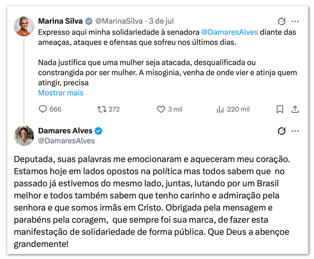 “Irmãs em Cristo”: Damares agradece Marina Silva por apoio