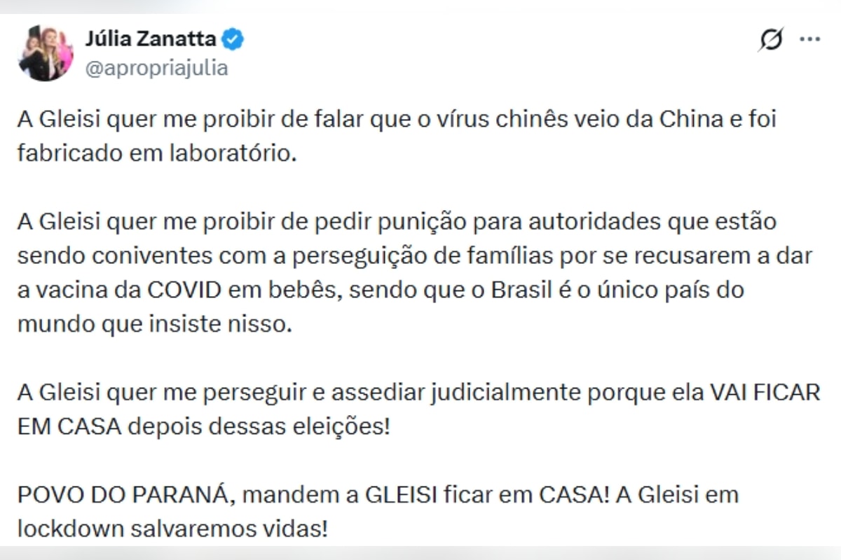Gleisi aciona PGR contra Zanatta por posts sobre vacinação infantil