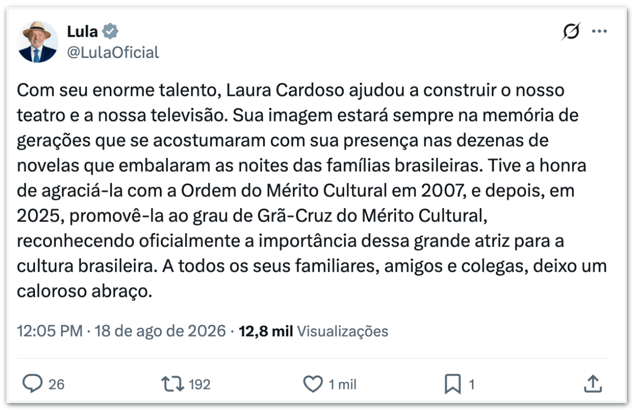 Lula lamenta morte de Laura Cardoso aos 98 anos