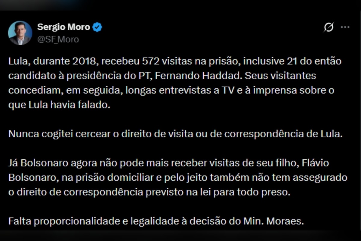 Moro cita caso de Lula e diz que falta legalidade à decisão de Moraes