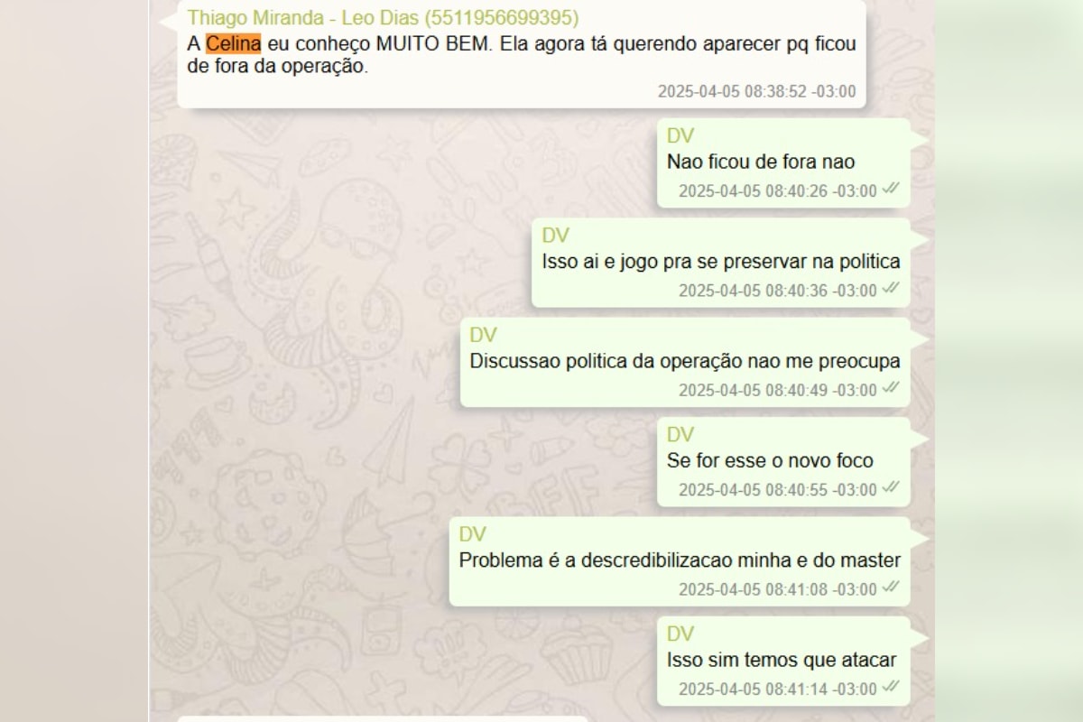 Vorcaro queixa-se sobre posicionamento de Celina em relação ao BRB. Veja print