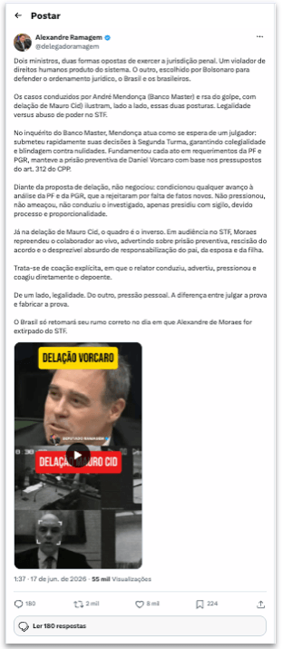 Ramagem acusa Moraes de abuso de poder e elogia Mendonça