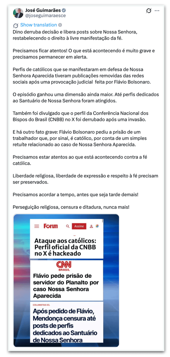 Ministro celebra decisão de Dino: “Perseguição religiosa nunca mais”