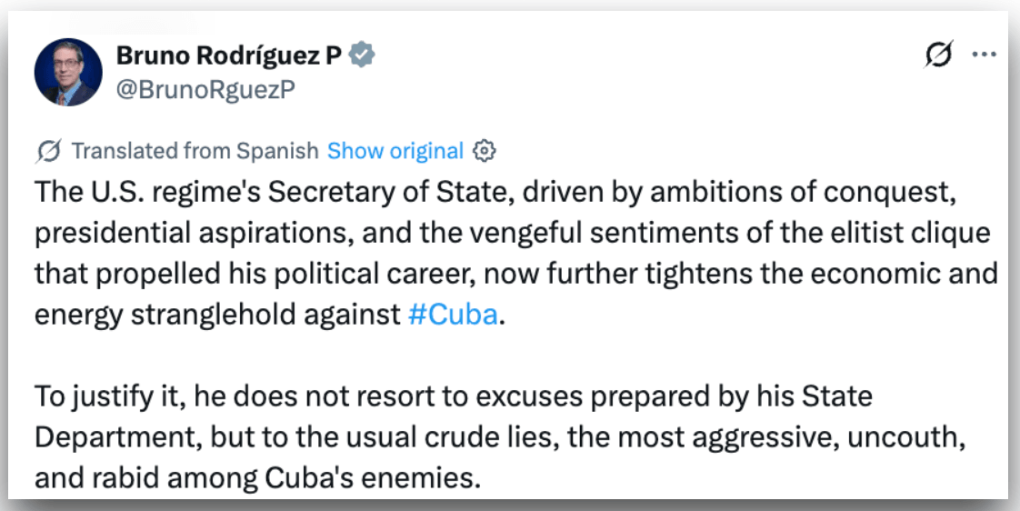 Cuba diz que Marco Rubio endurece bloqueios por interesse pessoal