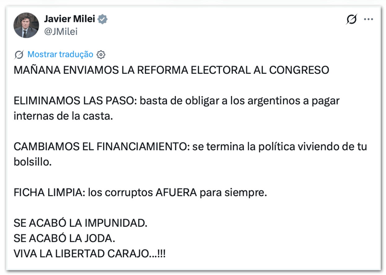 Milei quer reforma eleitoral com fim das primárias e Ficha Limpa
