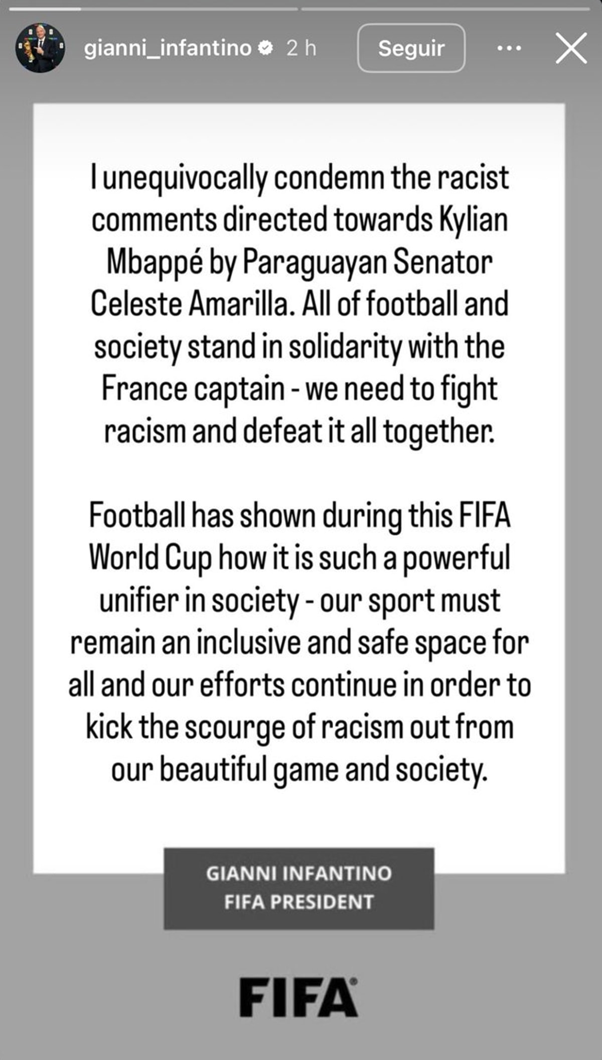 Presidente da Fifa condena declarações racistas contra Mbappé