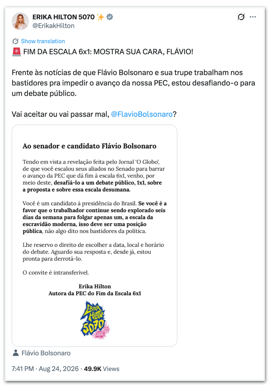 Erika Hilton “desafia” Flávio a debater fim da escala 6 X 1