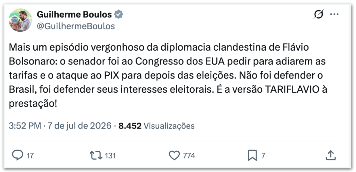 “Diplomacia clandestina”, diz Boulos sobre ida de Flávio aos EUA