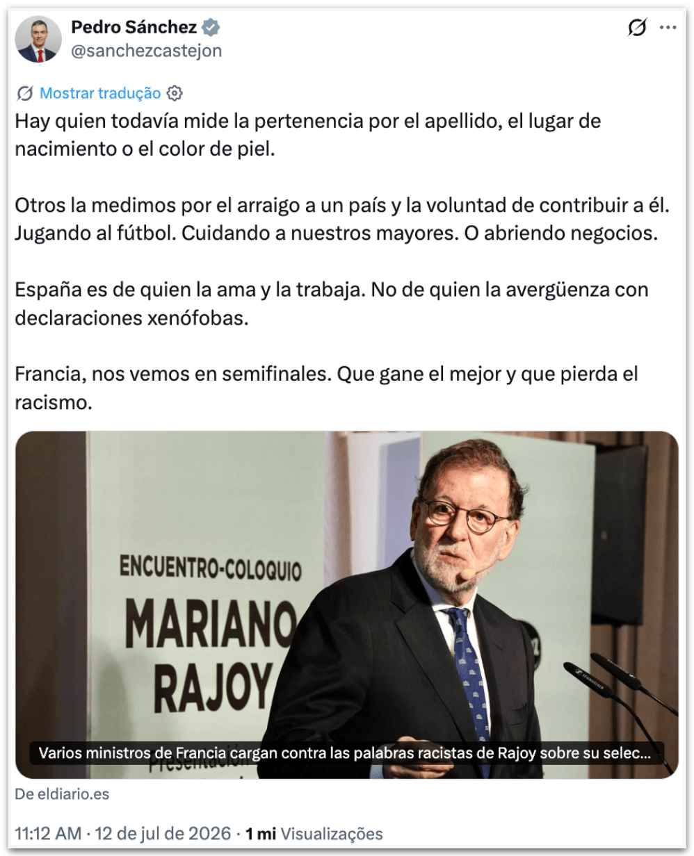 Políticos chamam de racista artigo de ex-premiê espanhol sobre futebol