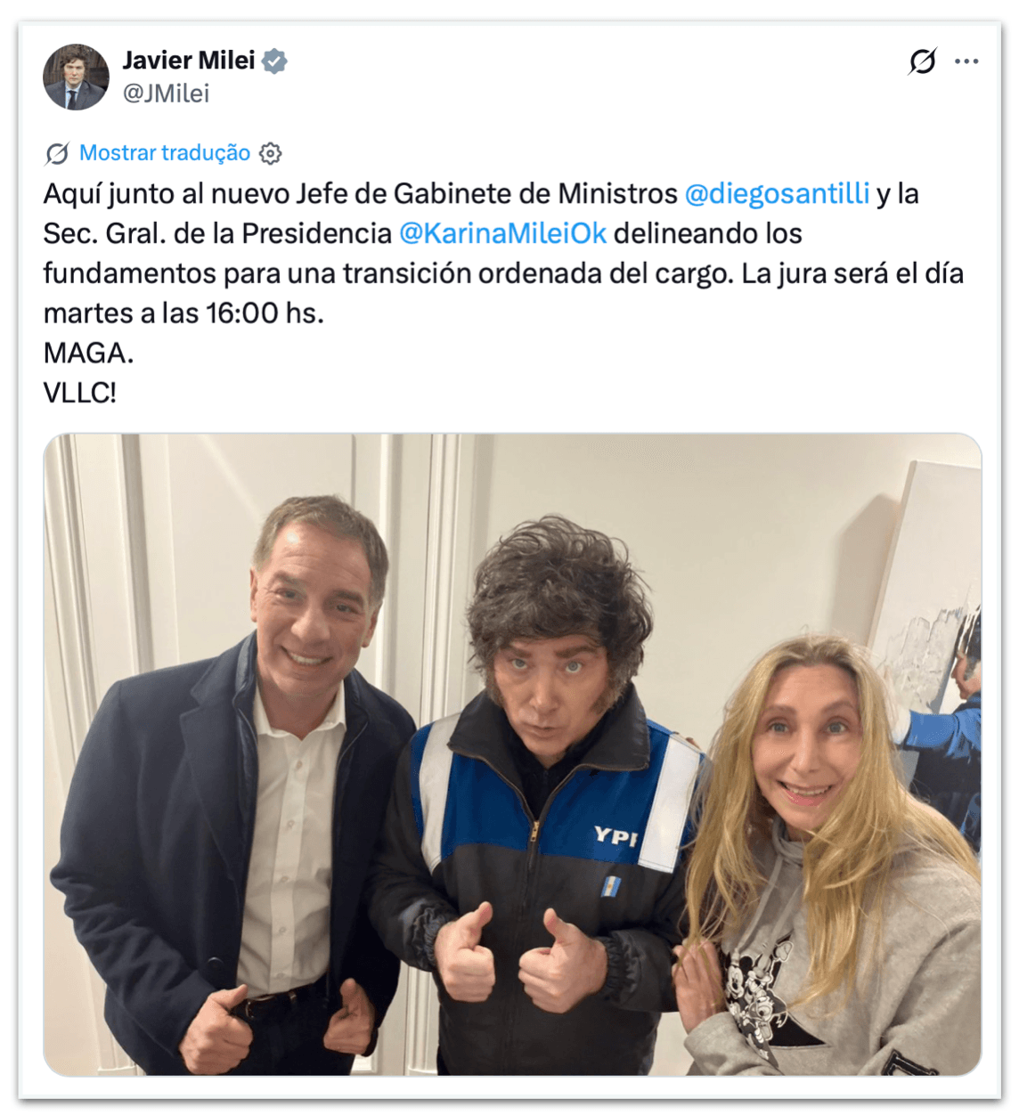 Milei nomeia ministro do Interior como novo chefe de gabinete