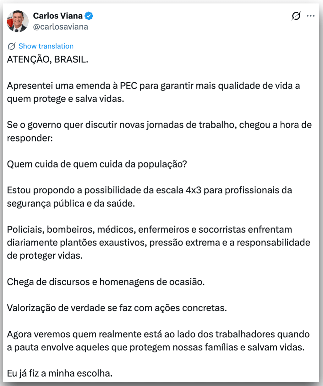 Carlos Viana propõe escala 4 X 3 para saúde e segurança