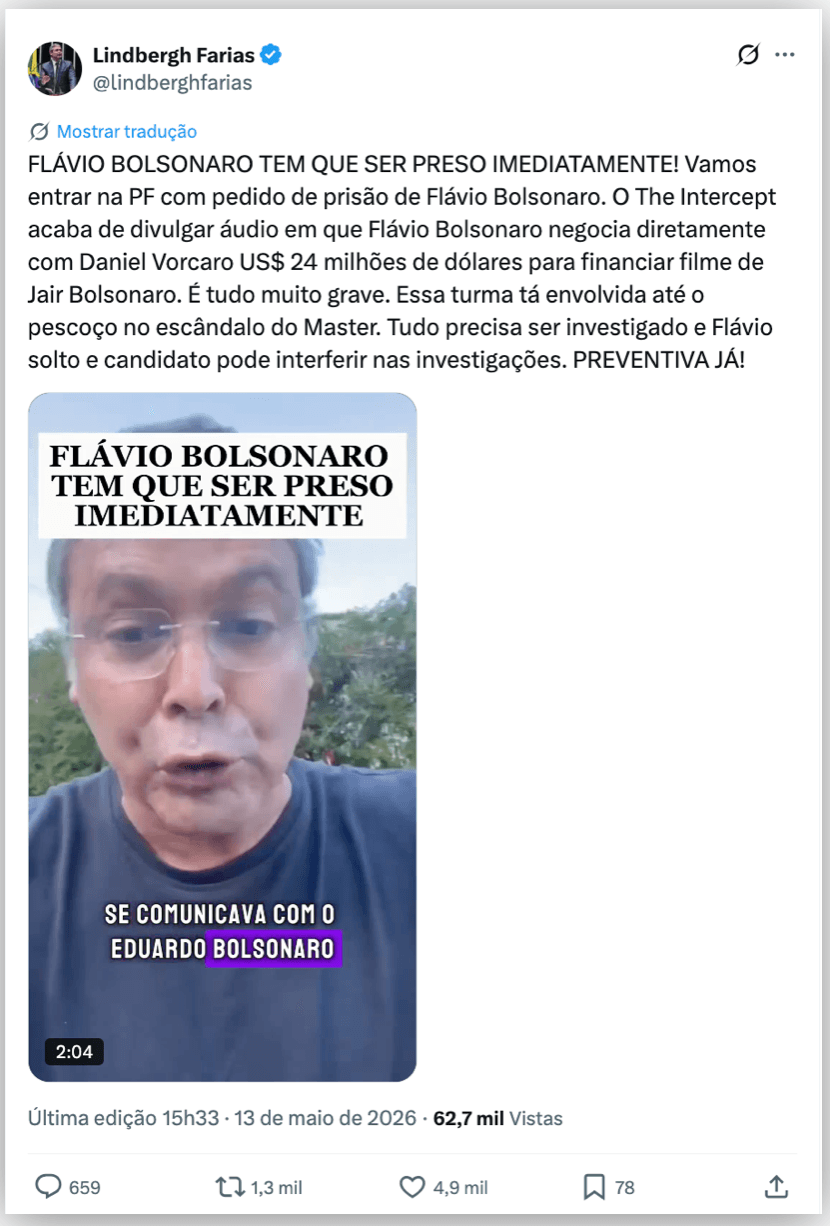 Lindbergh pede prisão de Flávio por negociação com Vorcaro