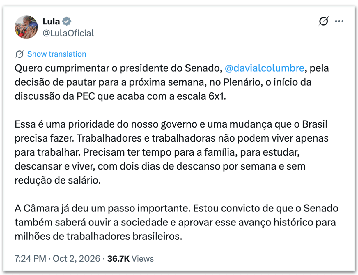 Lula cobra Senado por fim da escala 6 X 1: “Brasil precisa fazer”