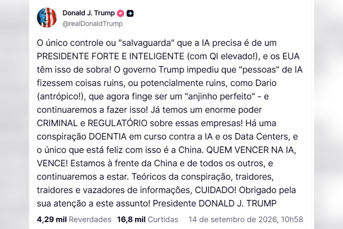 IA: Trump ataca CEO da Anthropic e diz que freio no setor beneficia a China