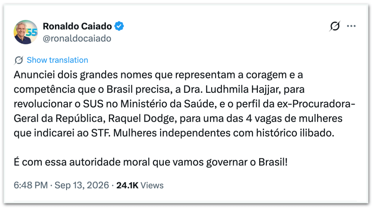Caiado diz que indicará Hajjar para pasta da Saúde e Dodge para o STF