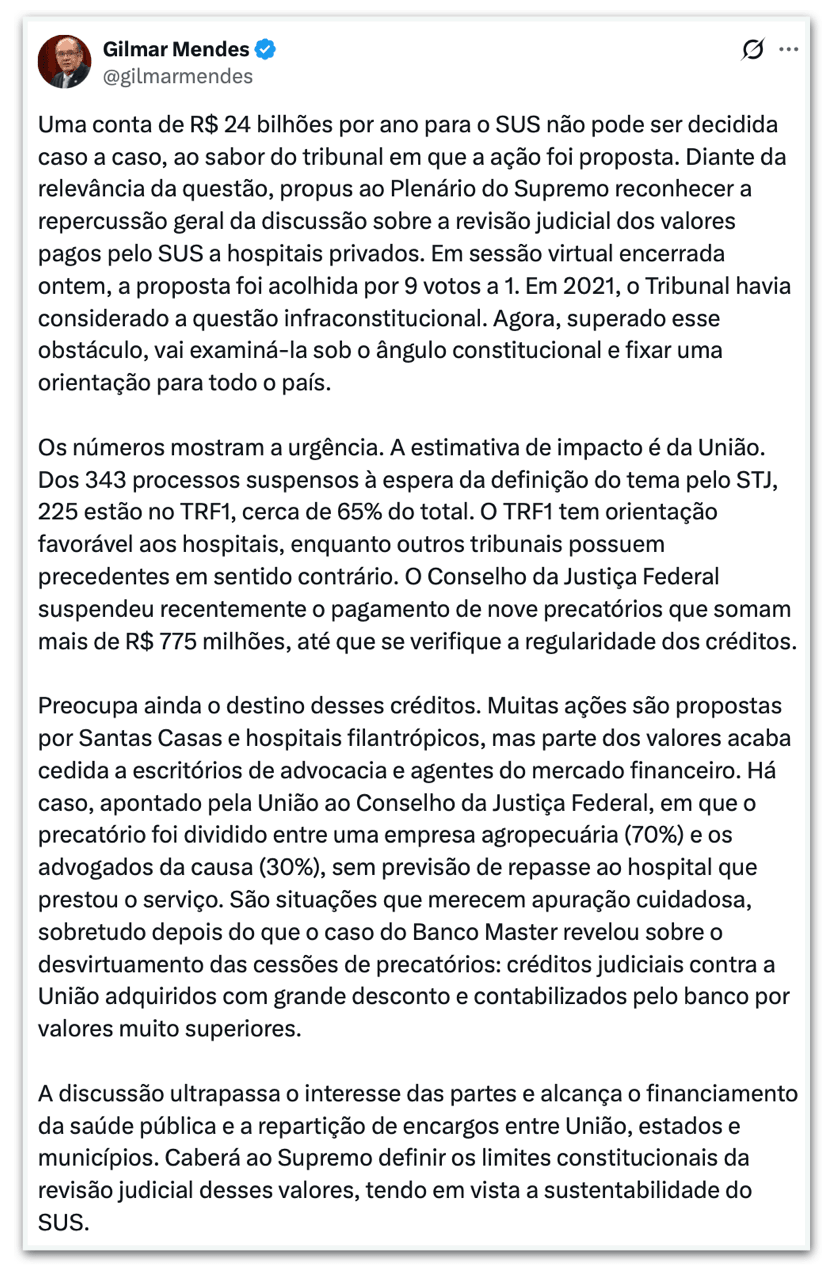 STF julgará revisão de pagamentos do SUS que custaria R$ 24 bi