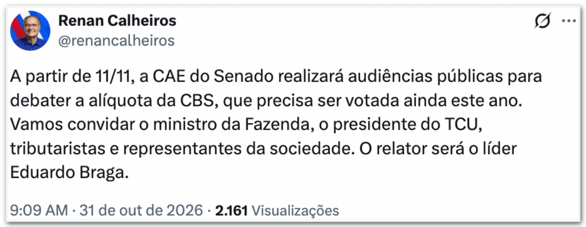 Comissão do Senado analisa alíquota da CBS a partir de 11 de novembro