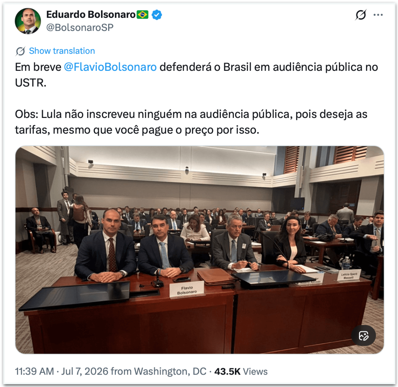 Eduardo critica ausência do governo Lula em audiência nos EUA