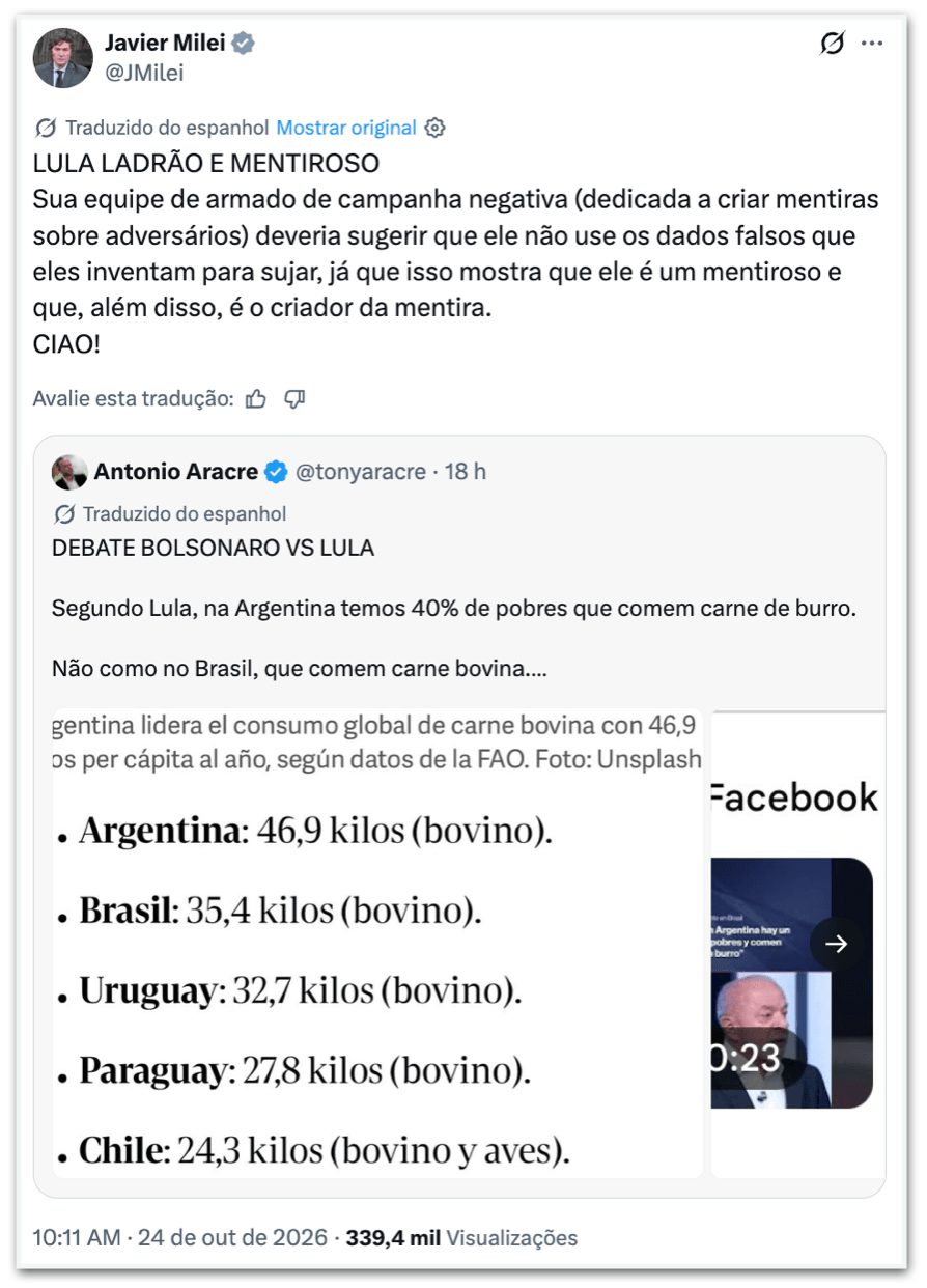 Milei chama Lula de “ladrão e mentiroso” ao comentar fala sobre Argentina