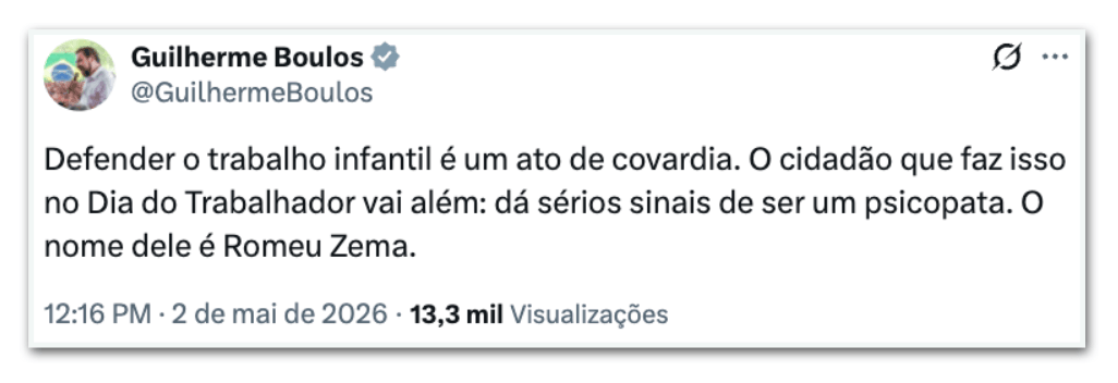 Boulos chama Zema de “psicopata” após fala sobre trabalho infantil