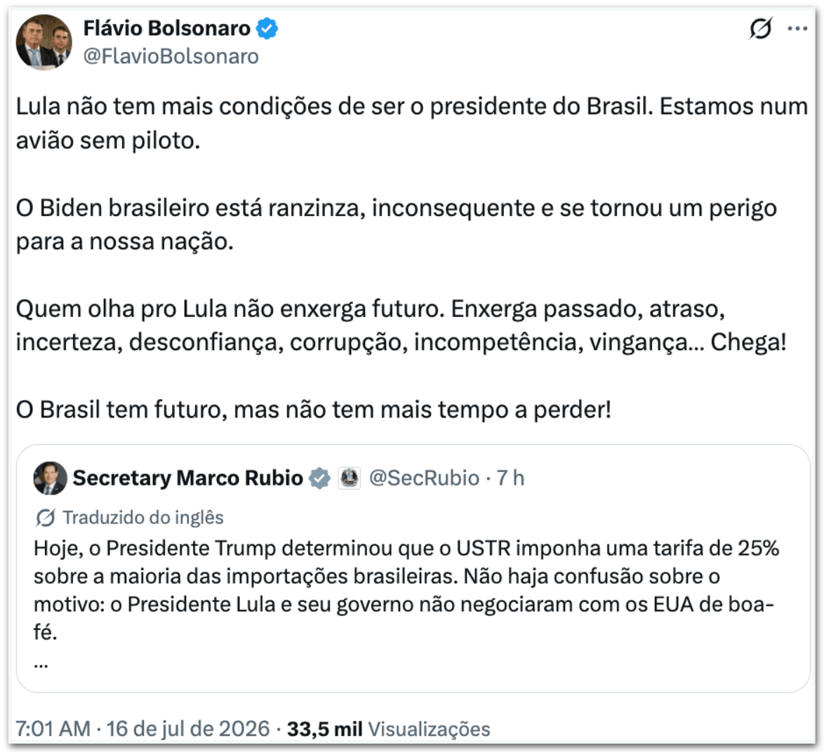 Lula está ranzinza e se tornou perigo para o Brasil, diz Flávio