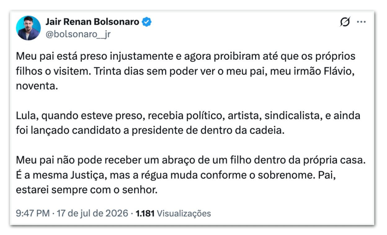 Filhos e aliados de Bolsonaro reagem à suspensão de visitas