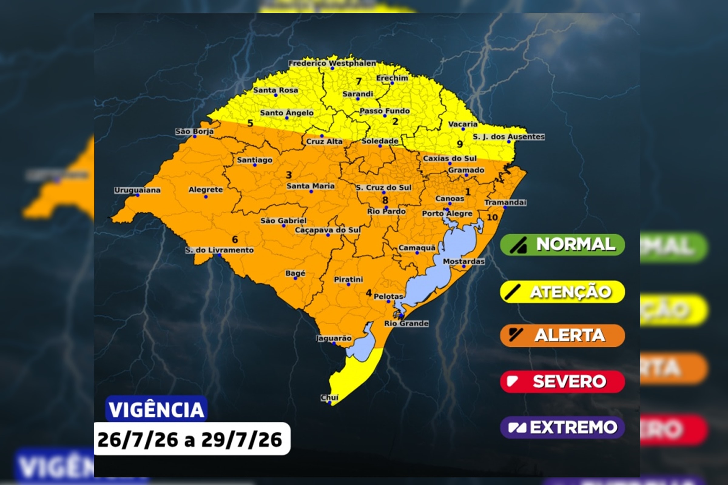 Defesa Civil emite alerta para risco de tornado e inundação no RS