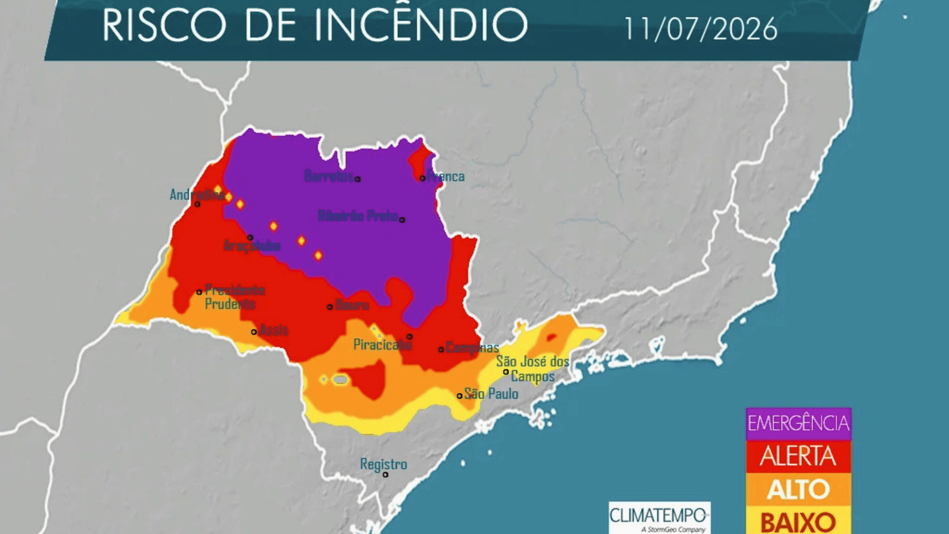 Defesa Civil de SP emite alerta de emergência para incêndios no feriado